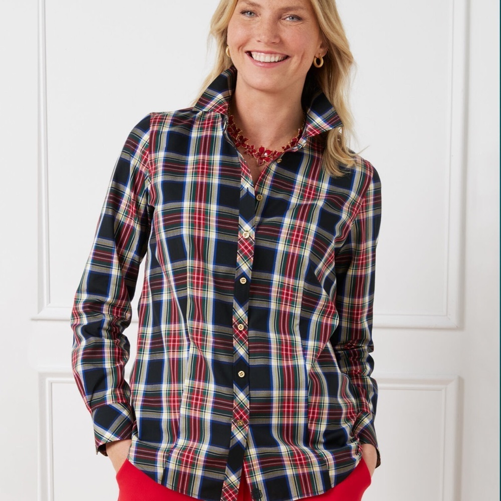 NEW Talbots Non-Iron Perfect Shirt Celebrate Plaid Holiday Christmas Button Down